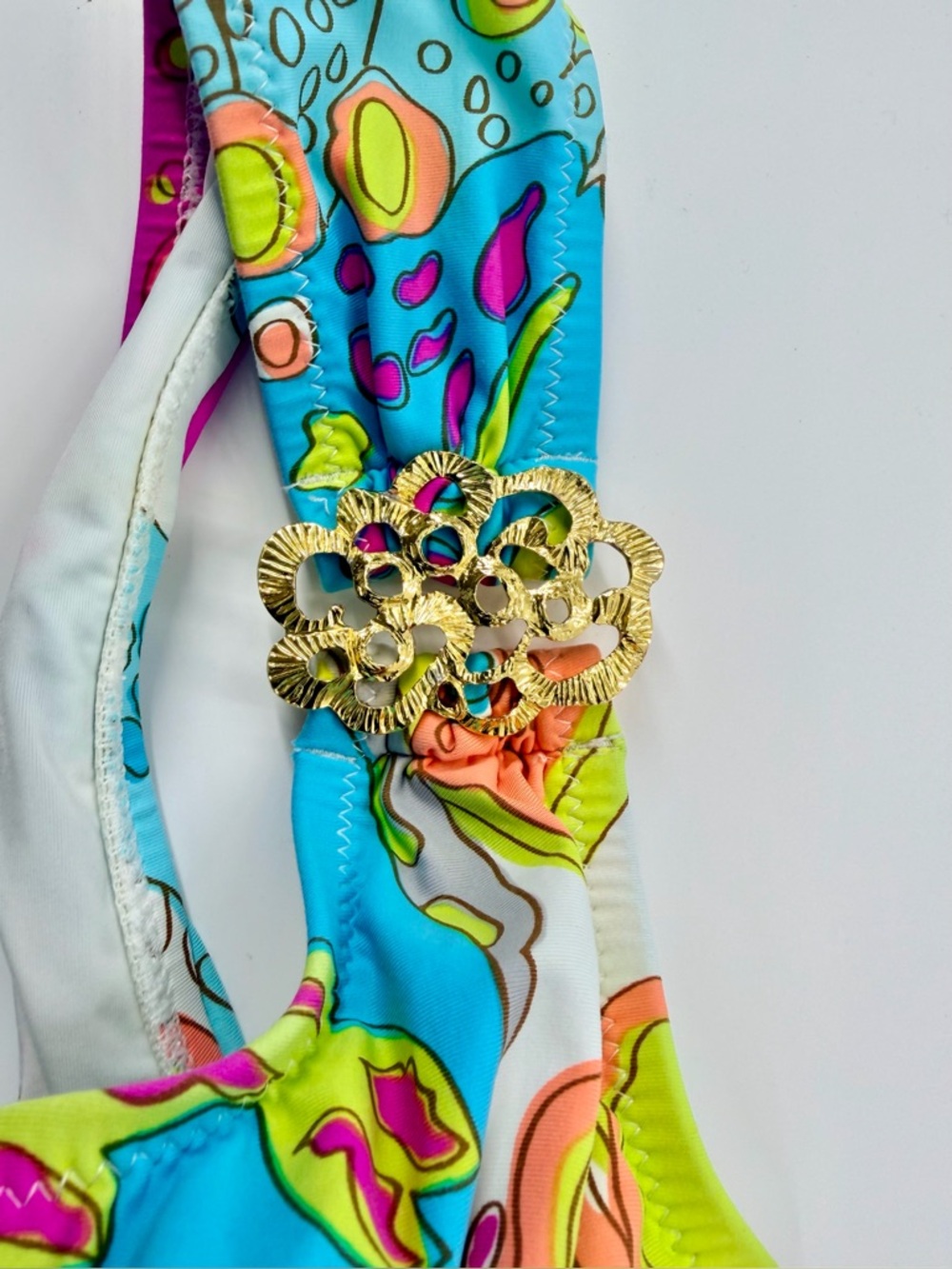 Trina Turk Colorful Abstract One Piece Swimsuit Gold Detail Asymmetric Size 8 - Picture 2 of 8